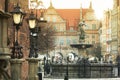 Beautiful architecture of the old town in Gdansk with Neptune fountain at sunrise, Poland Royalty Free Stock Photo