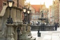Beautiful architecture of the old town in Gdansk with Neptune fountain at sunrise, Poland Royalty Free Stock Photo