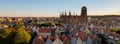 Beautiful architecture of old town in Gdansk, Poland at sunny day. Panorama banner size Aerial view from drone of the Royalty Free Stock Photo