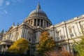 Beautiful architecture of St. Paul Cathedral in London with bright clear blue sky in autumn Royalty Free Stock Photo