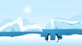 Beautiful Arctic or Antarctic landscape with icebergs and penguins. Cold climate northern icy winter scenic background.