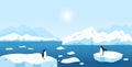 Beautiful Arctic or Antarctic landscape. North scenery with large icebergs floating in ocean and penguins. Snow Royalty Free Stock Photo