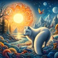 A beautiful arctic fox in a wild place, summer, midnight sun, tree, river, lake, flying bird, moon, bold painting, animal