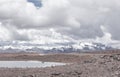 Beautiful arid landscape with snowy mountains and cloudy sky in Peruvian Altiplano near Colca Canyon, Peru