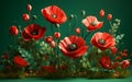 Beautiful arrangement of poppy flowers against green background, Generative AI