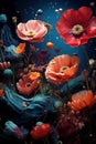 A beautiful arrangement of red poppies surrounded by colorful vegetation and bubbles, underwater Royalty Free Stock Photo