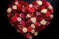 A beautiful arrangement of red and white roses arranged in the shape of a heart, Bunch of roses arranged in a heart shape, AI Royalty Free Stock Photo