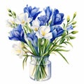 Realistic Watercolor Stock Photo Of Blue Freesia Flowers In Vase Royalty Free Stock Photo