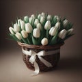 Beautiful arrangement of white tulips carefully assembled into a bouquet and delicately placed in a woven basket