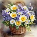 beautiful arrangement of yellow white and purple spring flowers in a charming basket. Royalty Free Stock Photo