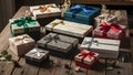 Elegant Assortment of Gift Boxes on Rustic Wooden Table Royalty Free Stock Photo