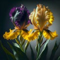 beautiful art couple of purple-yellow iris flowers against dark background. close up. paint style. Ai generated Royalty Free Stock Photo