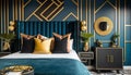 Beautiful Art Deco interior design bedroom with geometric patterns, Generative AI Royalty Free Stock Photo