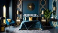 Beautiful Art Deco interior design bedroom with geometric patterns, Generative AI Royalty Free Stock Photo