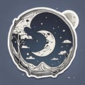 beautiful art of nature moon, mountain, tree, cloud, stars round sticker badge