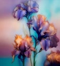 beautiful art with soft lavender-peach pink iris flowers against colorful abstract background. paint watercolor style. Ai Royalty Free Stock Photo