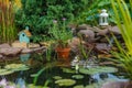 Beautiful artificial pond for growing koi carps in the garden near the house. There are a lot of green plants around, a stream Royalty Free Stock Photo