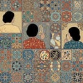 A beautiful artistic collage featuring traditional patterned tiles and people in various Royalty Free Stock Photo