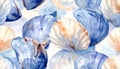 Seamless Watercolor Pattern of Seashells in Blue and White Royalty Free Stock Photo
