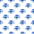 Beautiful artistic tender wonderful blue porcelain china tea cups pattern watercolor hand illustration Royalty Free Stock Photo