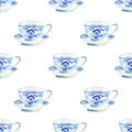 Beautiful artistic tender wonderful blue porcelain china tea cups pattern watercolor hand illustration Royalty Free Stock Photo