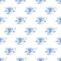 Beautiful artistic tender wonderful blue porcelain china tea cups pattern watercolor hand illustration Royalty Free Stock Photo