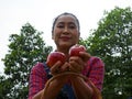 Asia senior woman holding red apple at public park. Royalty Free Stock Photo