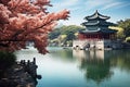 Beautiful asian architecture in the park with cherry blossoms, Imperial Summer Palace in Beijing, China, AI Generated Royalty Free Stock Photo