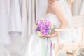 Beautiful Asian bride in wedding dress concept, happy girl hold flowers bouquet dream to her wedding date plan to shopping, woman Royalty Free Stock Photo