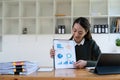 beautiful asian business woman present work. professional female worker showing paper sheet information to online Royalty Free Stock Photo