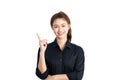 Beautiful Asian Business woman smile and pointing to copy space and thinking get idea with her business start up Royalty Free Stock Photo