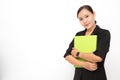 Beautiful Asian business woman wearing black suit holding document folder smiling on  white background and copy space. Confident Royalty Free Stock Photo