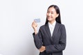 Beautiful of Asian  business women standing holding with blank card and smiling, Copy space,   on white background Royalty Free Stock Photo