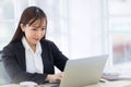 Beautiful Asian businesswomen wearing a black suit is smiling confidently while typing labtop.