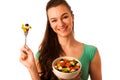 Beautiful asian caucasian woman with a white bowl of mixed salad Royalty Free Stock Photo