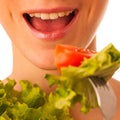 Beautiful asian caucasian woman with a white bowl of mixed salad Royalty Free Stock Photo