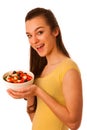 Beautiful asian caucasian woman with a white bowl of mixed salad Royalty Free Stock Photo