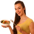 Beautiful asian caucasian woman with a white bowl of mixed salad Royalty Free Stock Photo