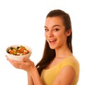 Beautiful asian caucasian woman with a white bowl of mixed salad Royalty Free Stock Photo