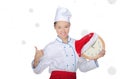 Beautiful asian chef with clock and Christmas hat