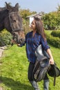 Beautiful Asian Eurasian Girl With Her Horse Royalty Free Stock Photo