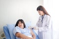 Beautiful asian female doctor Injecting an injection to an obese woman who is lying in bed Treat disease and build immunity.