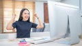 Beautiful asian girl celebrate with laptop computer. Success happy pose. E-commerce. University education. Internet technology. St Royalty Free Stock Photo