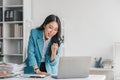 Beautiful Asian girl celebrate with laptop, success happy pose. E-commerce, university education, internet technology Royalty Free Stock Photo