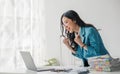 Beautiful Asian girl celebrate with laptop, success happy pose. E-commerce, university education, internet technology Royalty Free Stock Photo