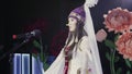 Cute asian girl folk costume tradition slow motion walking catwalk japan show 4K