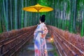 Beautiful Asian girl in kimono holding an umbrella visits a bamboo forest in Kyoto, Japan Royalty Free Stock Photo