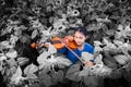 Asian girl playing violin in mist of sun flower field Royalty Free Stock Photo