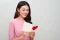 Beautiful asian girl reads love letter. Happy woman day. Royalty Free Stock Photo
