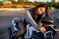 Beautiful Asian Girl Seating On Moto Bike In City